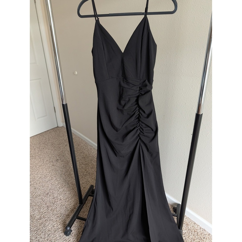 Emerald Sundae Black Ruched V-Neck Maxi Gown Formal Dress LK-62780